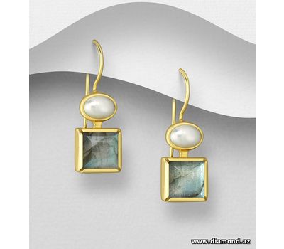Desire by 7K - 925 Sterling Silver Square Hook Earrings, Decorated with Labradorite and Freshwater Pearl, Plated with 0.3 Micron 18K Yellow Gold