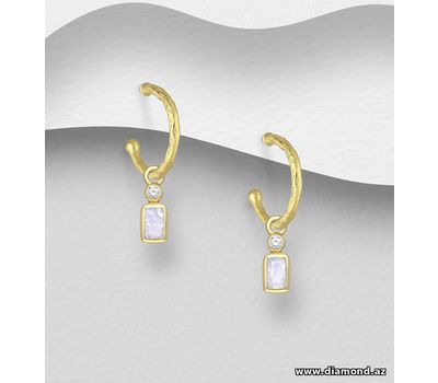 Desire by 7K - 925 Sterling Silver Push-Back Earrings, Decorated with Rainbow Moonstone and White Zircon, Plated with 0.3 Micron 18K Yellow Gold