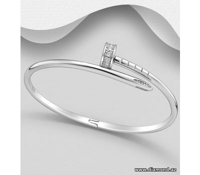 925 Sterling Silver Nail Bangle, Decorated with CZ Simulated Diamonds