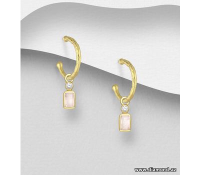 Desire by 7K - 925 Sterling Silver Push-Back Earrings, Decorated with Rose Quartz and White Zircon, Plated with 0.3 Micron 18K Yellow Gold