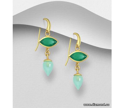 Desire by 7K - 925 Sterling Silver Hook Earrings, Decorated with Lab-Created Aqua Chalcedony and Green Onyx, Plated with 0.3 Micron 18K Yellow Gold