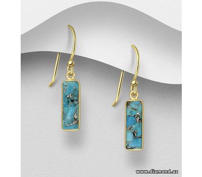 Desire by 7K - 925 Sterling Silver Hook Earrings, Decorated with Reconstructed Copper Turquoise, Plated with 0.3 Micron 18K Yellow Gold
