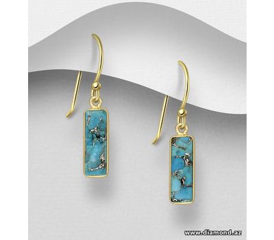 Şəkli böyütmək üçün tiklayın Desire by 7K - 925 Sterling Silver Hook Earrings, Decorated with Reconstructed Copper Turquoise, Plated with 0.3 Micron 18K Yellow Gold