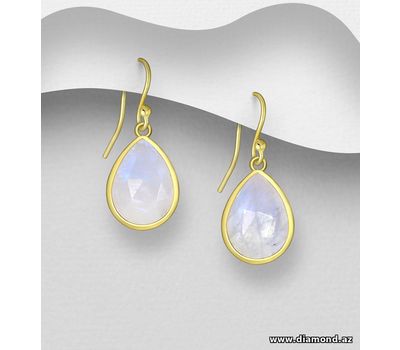 Desire by 7K - 925 Sterling Silver Hook Earrings, Decorated with Rainbow Moonstone, Plated with 0.3 Micron 18K Yellow Gold