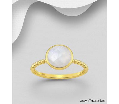 Desire by 7K - 925 Sterling Silver Ring, Decorated with Rainbow Moonstone, Plated with 0.3 Micron 18K Yellow Gold