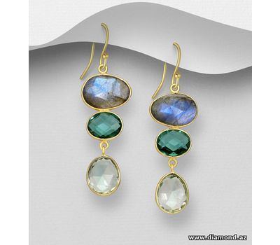 Desire by 7K - 925 Sterling Silver Hook Earrings, Decorated with Lab-Created Green Tourmaline, Lab-Created Green Amethyst and Labradorite, Plated with 0.3 Micron 18K Yellow Gold