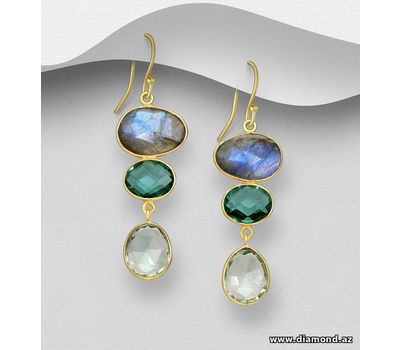 Malın səhifəsinə keç Desire by 7K - 925 Sterling Silver Hook Earrings, Decorated with Lab-Created Green Tourmaline, Lab-Created Green Amethyst and Labradorite, Plated with 0.3 Micron 18K Yellow Gold