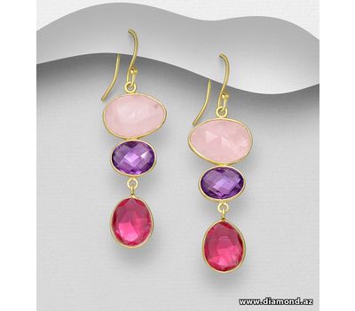 Desire by 7K - 925 Sterling Silver Hook Earrings, Decorated with Lab-Created Amethyst, Lab-Created Pink Tourmaline and Rose Quartz, Plated with 0.3 Micron 18K Yellow Gold