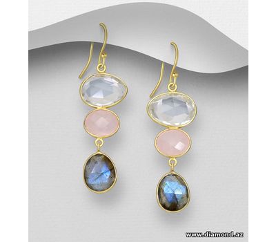 Desire by 7K - 925 Sterling Silver Hook Earrings, Decorated with Clear Quartz, Labradorite and Rose Quartz, Plated with 0.3 Micron 18K Yellow Gold