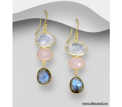Şəkli böyütmək üçün tiklayın Desire by 7K - 925 Sterling Silver Hook Earrings, Decorated with Clear Quartz, Labradorite and Rose Quartz, Plated with 0.3 Micron 18K Yellow Gold