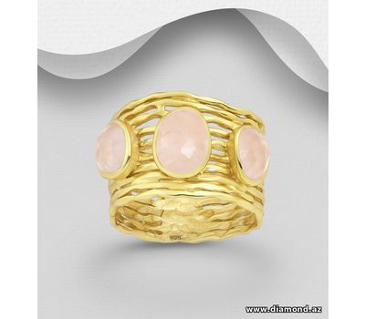 Desire by 7K - 925 Sterling Silver Ring, Decorated with Rose Quartz, Plated with 0.3 Micron 18K
