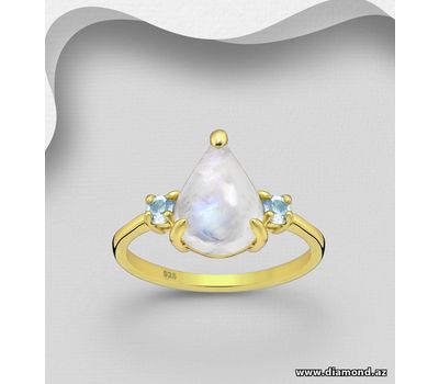 Desire by 7K - 925 Sterling Silver Ring, Decorated with Rainbow Moonstone and Sky-Blue Topaz, Plated with 0.5 Micron 18K Yellow Gold