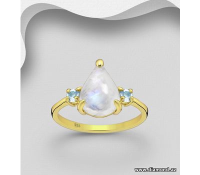 Şəkli böyütmək üçün tiklayın Desire by 7K - 925 Sterling Silver Ring, Decorated with Rainbow Moonstone and Sky-Blue Topaz, Plated with 0.5 Micron 18K Yellow Gold