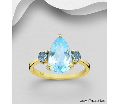 Desire by 7K -925 Sterling Silver Droplet Ring, Decorated with London Blue Topaz and Sky-Blue Topaz, Plated with 0.5 Micron 18K Yellow Gold
