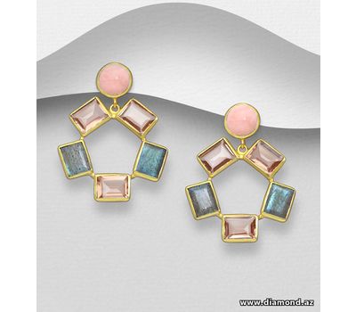 Desire by 7K - 925 Sterling Silver Push-Back Earrings, Decorated with Lab-Created Morganite, Labradorite and Rose Quartz, Plated with 0.3 Micron 18K Yellow Gold