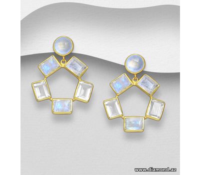 Desire by 7K - 925 Sterling Silver Push-Back Earrings, Decorated with Clear Quartz, Light Chalcedony Jade and Rainbow Moonstone, Plated with 0.3 Micron 18K Yellow Gold