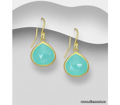 Desire by 7K - 925 Sterling Silver Hook Earrings, Decorated with Lab-Created Aqua Chalcedony, Plated with 0.3 Micron 18K Yellow Gold
