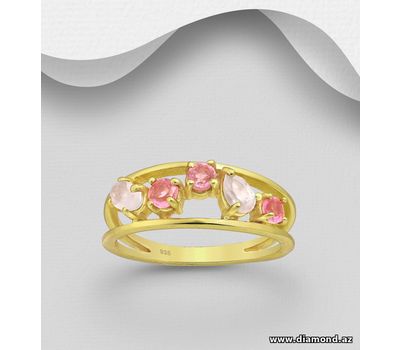 Desire by 7K - 925 Sterling Silver Ring, Decorated with Lab-Created Pink Tourmaline and Rose Quartz, Plated with 0.3 Micron 18K Yellow Gold