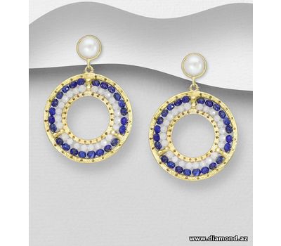 Desire by 7K - 925 Sterling Silver Push-Back Earrings, Decorated with Freshwater Pearl, Lapis Lazuli and Rainbow Moonstone, Plated with 0.3 Micron 18K Yellow Gold
