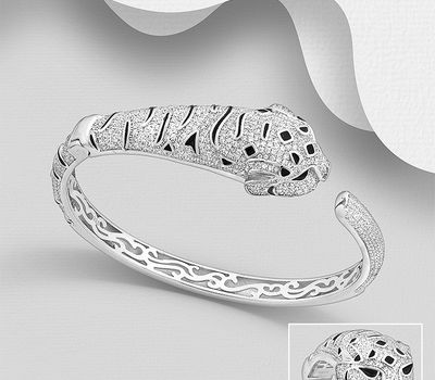 925 Sterling Silver Tiger Cuff, Decorated with CZ Simulated Diamond and Colored Enamels