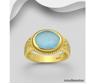 Desire by 7K - 925 Sterling Silver Ring, Decorated with Lab-Created Blue Chalcedony, Plated with 0.3 Micron 18K Yellow Gold
