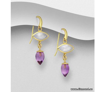 Desire by 7K - 925 Sterling Silver Hook Earrings, Decorated with Amethyst and Light Chalcedony Jade, Plated with 0.3 Micron 18K Yellow Gold