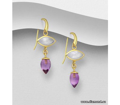 Şəkli böyütmək üçün tiklayın Desire by 7K - 925 Sterling Silver Hook Earrings, Decorated with Amethyst and Light Chalcedony Jade, Plated with 0.3 Micron 18K Yellow Gold