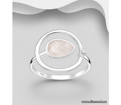 Desire by 7K - 925 Sterling Silver Adjustable Ring, Decorated with CZ Simulated Diamonds and Rose Quartz