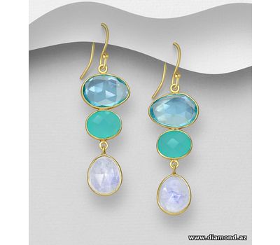 Desire by 7K - 925 Sterling Silver Hook Earrings, Decorated with Lab-Created Sky-Blue Topaz, Aqua Chalcedony and Rainbow Moonstone