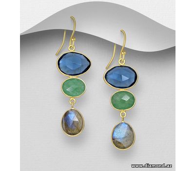 Desire by 7K - 925 Sterling Silver Hook Earrings, Decorated with Lab-Created Iolite, Green Aventurine and Labradorite, Plated with 0.3 Micron 18K Yellow Gold