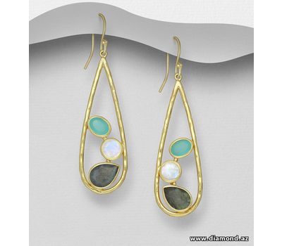 Desire by 7K - 925 Sterling Silver Droplet Hook Earrings, Decorated with Lab-Created Aqua Chalcedony, Labradorite and Rainbow Moonstone, Plated with 0.3 Micron 18K Yellow Gold