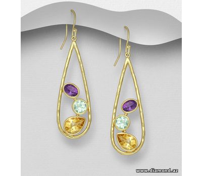 Desire by 7K - 925 Sterling Silver Droplet Hook Earrings, Decorated with Amethyst, Citrine and Green Amethyst, Plated with 0.3 Micron 18K Yellow Gold