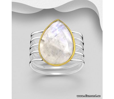 Desire by 7K - 925 Sterling Silver Droplet Solitaire Ring, Decorated with Rainbow Moonstone, Bezel Plated with 0.3 Micron 18K Yellow Gold