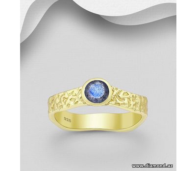 Desire by 7K - 925 Sterling Silver Solitaire Ring, Decorated with Labradorite, Plated with 0.3 Micron 18K Yellow Gold