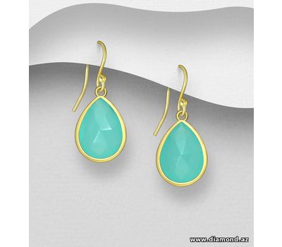 Desire by 7K - 925 Sterling Silver Hook Earrings, Decorated with Lab-Created Aqua Chalcedony, Plated with 0.3 Micron 18K Yellow Gold