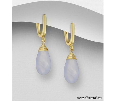 Desire by 7K - 925 Sterling Silver Droplet Push-Back Earrings, Beaded with Light Chalcedony Jade, Plated with 0.3 Micron 18K Yellow Gold