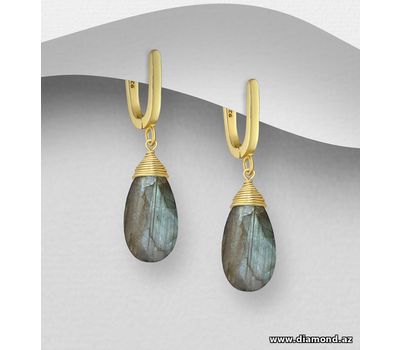 Desire by 7K - 925 Sterling Silver Droplet Push-Back Earrings, Beaded with Labradorite, Plated with 0.3 Micron 18K Yellow Gold