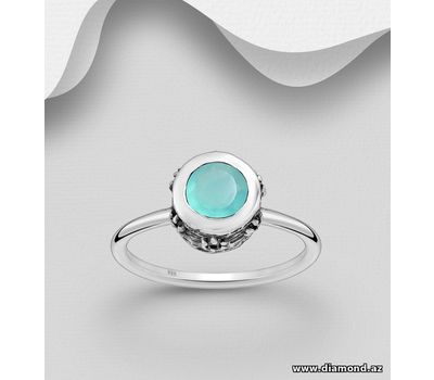 Desire by 7K - 925 Sterling Silver Oxidized Solitaire Ring, Decorated with Lab-Created Aqua Chalcedony