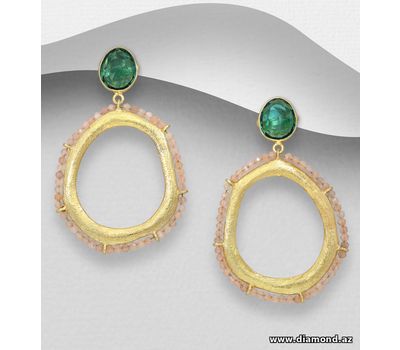 Desire by 7K - 925 Sterling Silver Push-Back Earrings, Decorated with Lab-Created Green Tourmaline and Peach Moonstone, Plated with 0.3 Micron 18K Yellow Gold