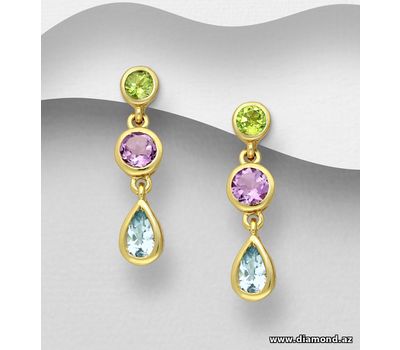 Desire by 7K - 925 Sterling Silver Push-Back Earrings, Decorated with Amethyst, Peridot and Sky-Blue Topaz, Plated with 0.5 Micron 18K Yellow Gold