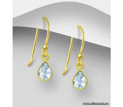 Desire by 7K - 925 Sterling Silver Hook Earrings, Decorated with Sky-Blue Topaz, Plated with 0.5 Micron 18K Yellow Gold