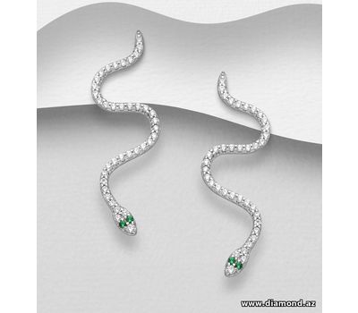 925 Sterling Silver Snake Push-Back Earrings, CZ Simulated Diamonds