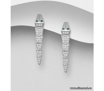 925 Sterling Silver Snake Push-Back Earrings, Decorated with CZ Simulated Diamonds