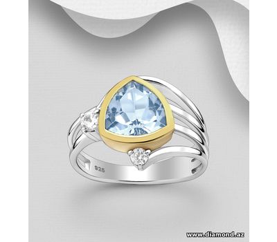 925 Sterling Silver Ring, Decorated with Sky Blue Topaz and White Zircon, Plated with 1 Micron 18K Yellow Gold