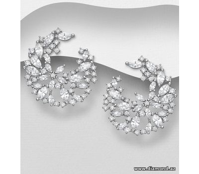 925 Sterling Silver Push-Back Earrings, Decorated with CZ Simulated Diamonds