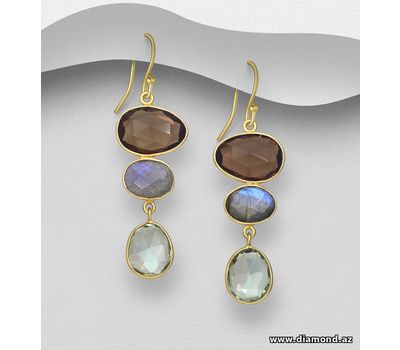 Desire by 7K - 925 Sterling Silver Hook Earrings, Decorated with Lab-Created Green Amethyst, Labradorite and Smoky Quartz, Plated with 0.3 Micron 18K Yellow Gold