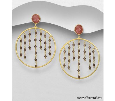 Desire by 7K - 925 Sterling Silver Push-Back Earrings, Decorated with Smoky Quartz and Strawberry Quartz, Plated with 0.3 Micron 18K Yellow Gold