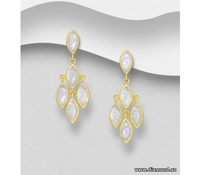 Desire by 7K - 925 Sterling Silver Push-Back Earrings, Decorated with Rainbow Moonstone, Plated with 0.3 Micron 18K Yellow Gold