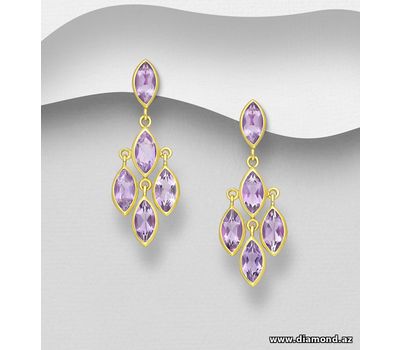 Desire by 7K - 925 Sterling Silver Push-Back Earrings, Decorated with Amethyst and Plated with 0.3 Micron 18K Yellow Gold