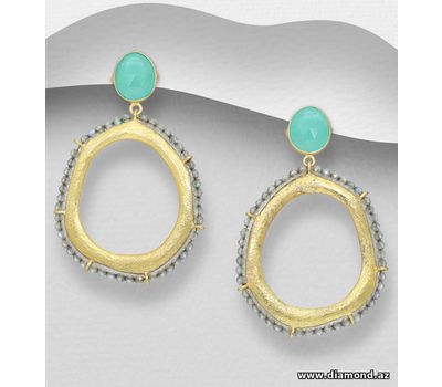 Desire by 7K - 925 Sterling Silver Push-Back Earrings, Decorated with Lab-Created Aqua Chalcedony and Labradorite, Plated with 0.3 Micron 18K Yellow Gold